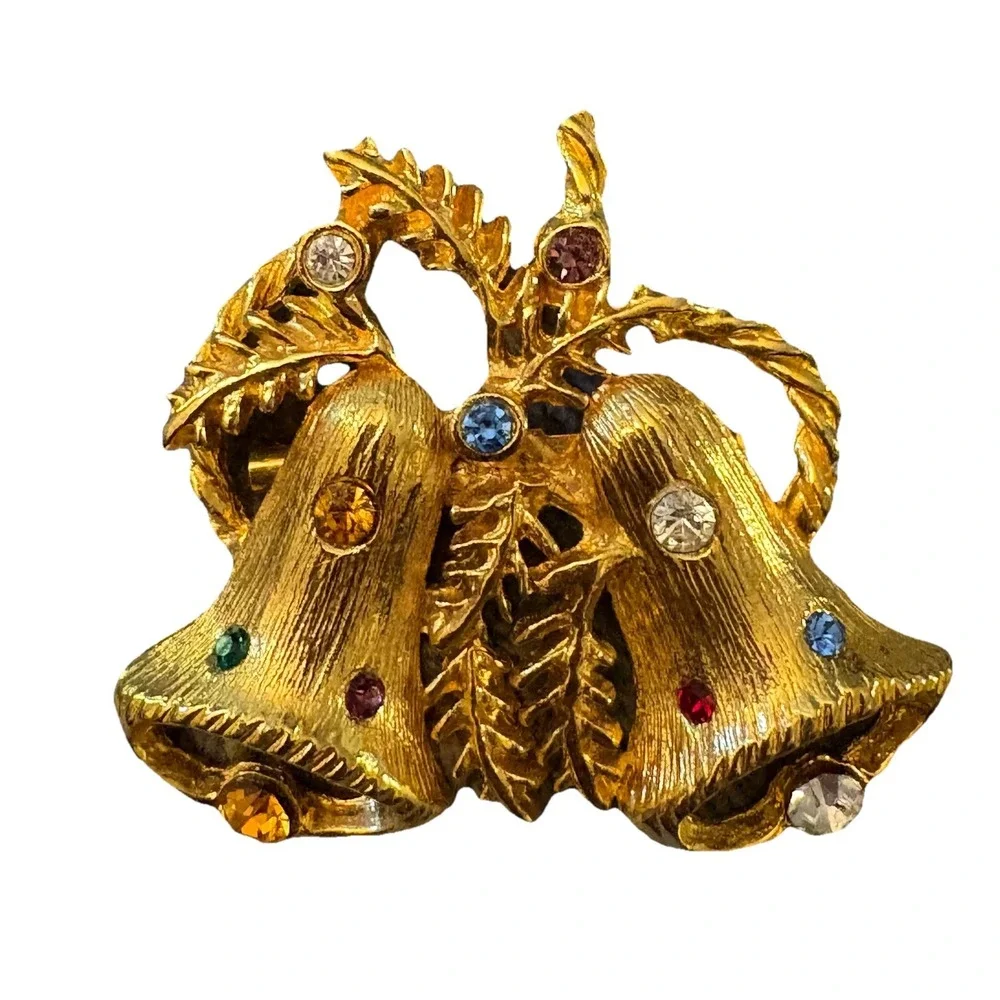 VTG 60s Christmas Bells Rhinestone Brooch Gold Tone Holiday‎ Pin Festive Sparkle